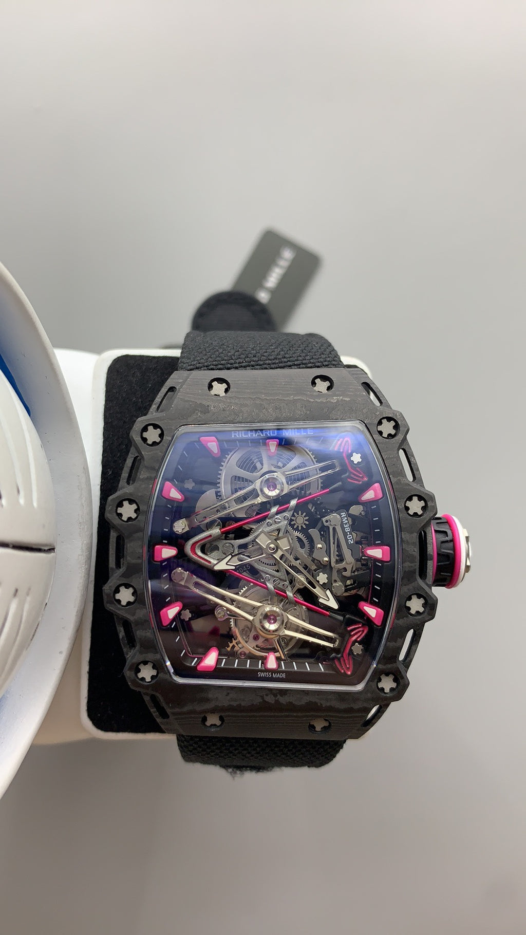 Richard Mille RM38-02 | 42MM | ตัวเรือนคาร์บอนไฟเบอร์ TPT + โครงไทเทเนียม | หน้าปัดสเกเลตัน | กลไกไขลานมือ Flying Tourbillon