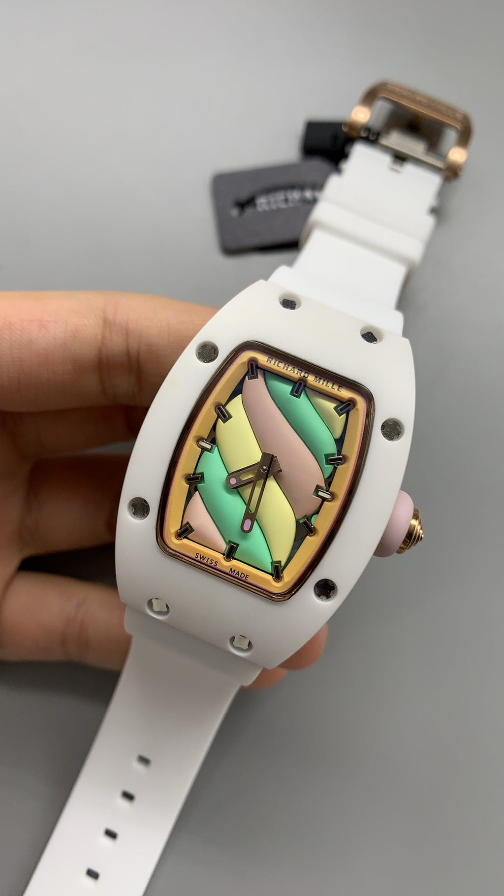 Richard Mille RM07-01 Marshmallow | 31MM | ตัวเรือนเซรามิกสีขาว | หน้าปัดศิลปะเคลือบสีพาสเทล (Marshmallow) | กลไกอัตโนมัติ CRMA2