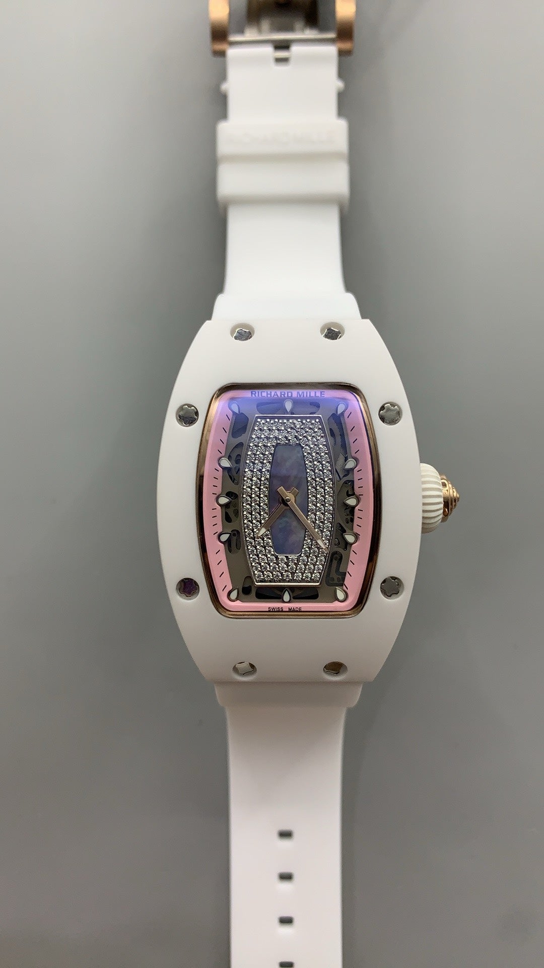 Richard Mille RM07-01 | 31MM | ตัวเรือนเซรามิกสีขาว + โครงสร้างโรสโกลด์ | หน้าปัดสเกเลตัน | กลไกอัตโนมัติ CRMA2