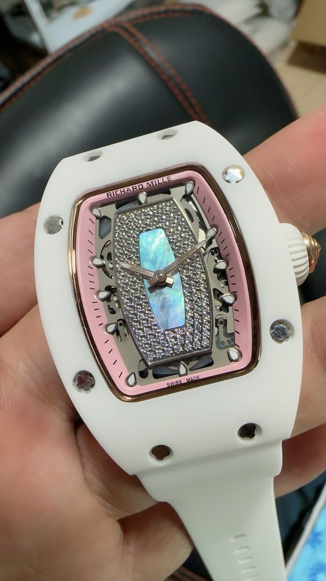 Richard Mille RM07-01 | 31MM | ตัวเรือนเซรามิกสีขาว + โครงสร้างโรสโกลด์ | หน้าปัดสเกเลตัน | กลไกอัตโนมัติ CRMA2