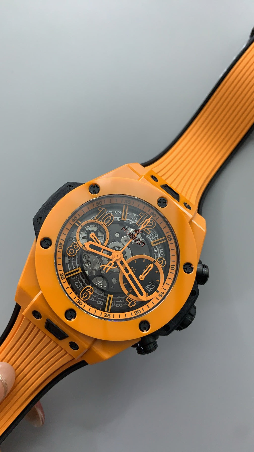 Hublot Big Bang Chronograph | 44MM | ตัวเรือนไทเทเนียม | ขอบเซรามิกสีส้ม | หน้าปัดสเกเลตัน | จับเวลา Chronograph | กลไกอัตโนมัติ HUB4100