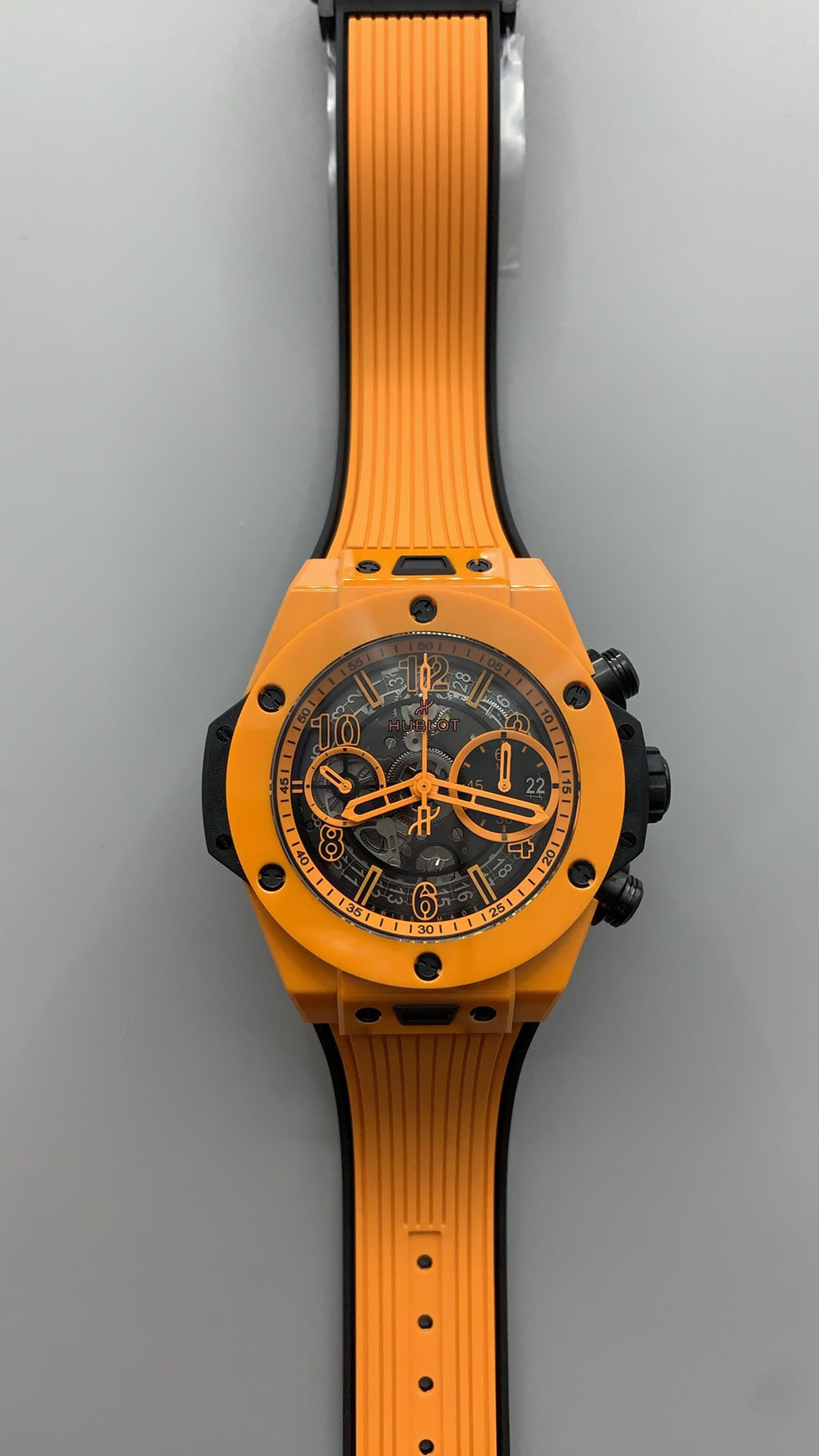 Hublot Big Bang Chronograph | 44MM | ตัวเรือนไทเทเนียม | ขอบเซรามิกสีส้ม | หน้าปัดสเกเลตัน | จับเวลา Chronograph | กลไกอัตโนมัติ HUB4100