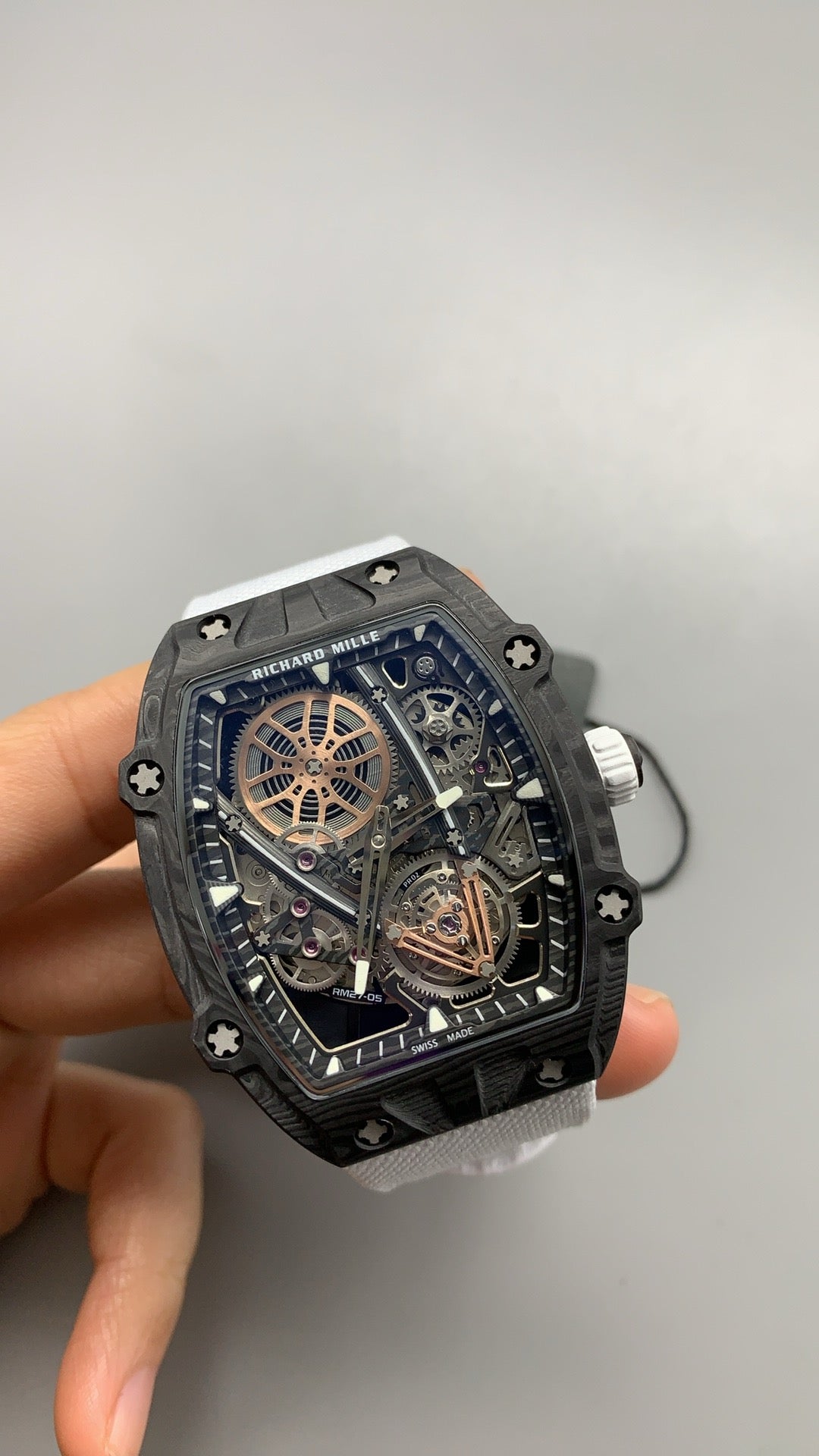 Richard Mille RM27-05 | 38.4MM | ตัวเรือนคาร์บอนไฟเบอร์ TPT + โครงไทเทเนียม | น้ำหนักเบาพิเศษ | หน้าปัดสเกเลตัน | กลไกไขลานมือ RM27-05