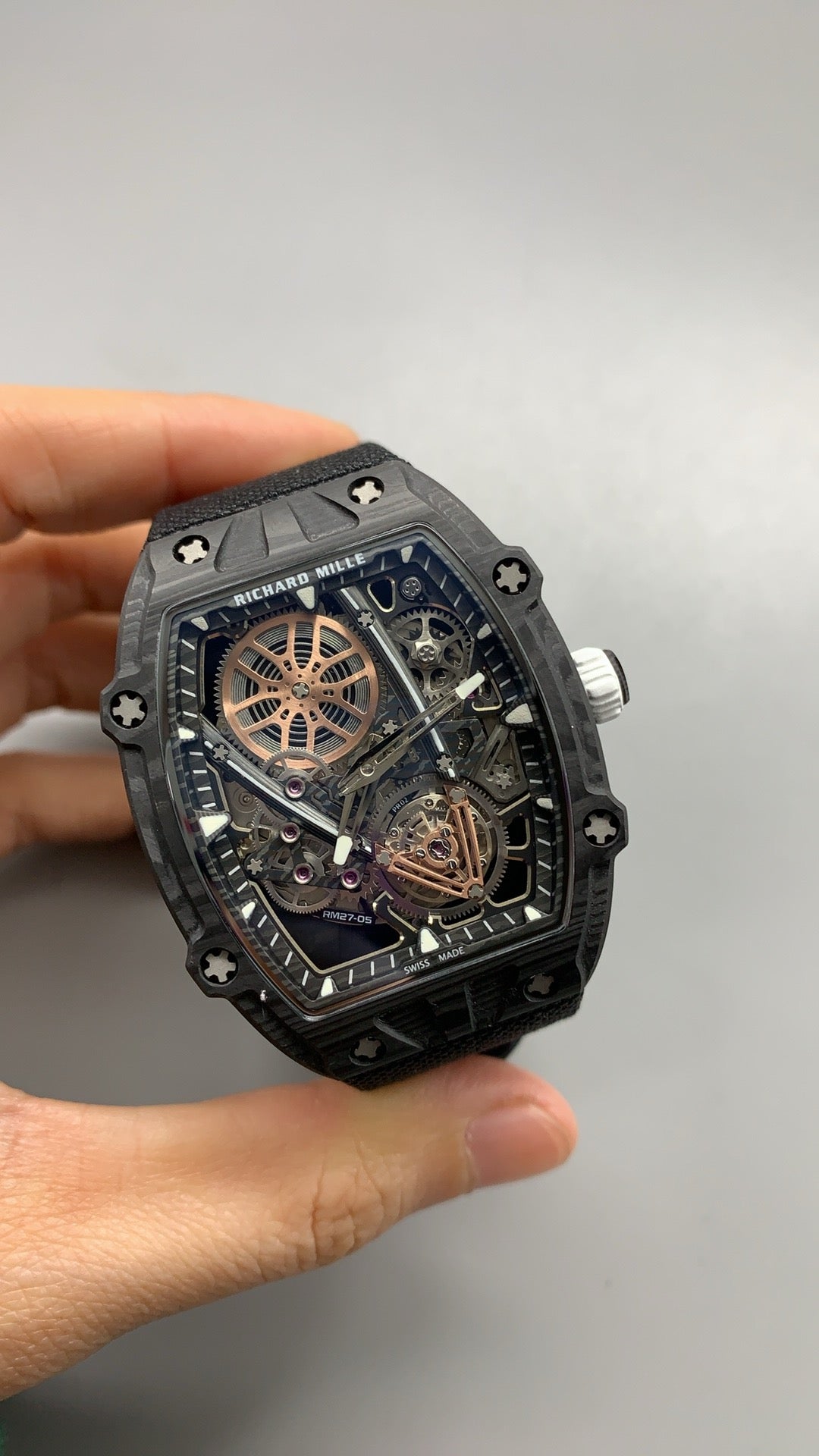 Richard Mille RM27-05 | 38.4MM | ตัวเรือนคาร์บอนไฟเบอร์ TPT + โครงไทเทเนียม | น้ำหนักเบาพิเศษ | หน้าปัดสเกเลตัน | กลไกไขลานมือ RM27-05