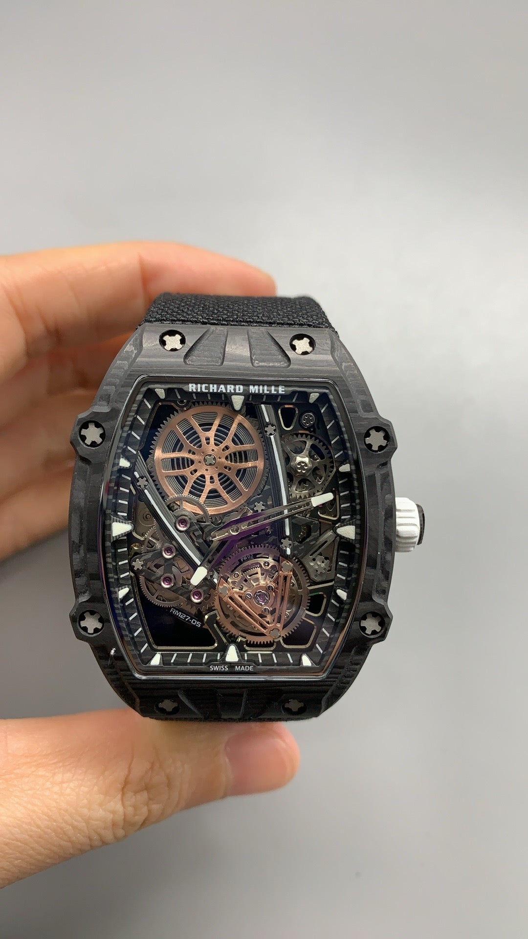 Richard Mille RM27-05 | 38.4MM | ตัวเรือนคาร์บอนไฟเบอร์ TPT + โครงไทเทเนียม | น้ำหนักเบาพิเศษ | หน้าปัดสเกเลตัน | กลไกไขลานมือ RM27-05