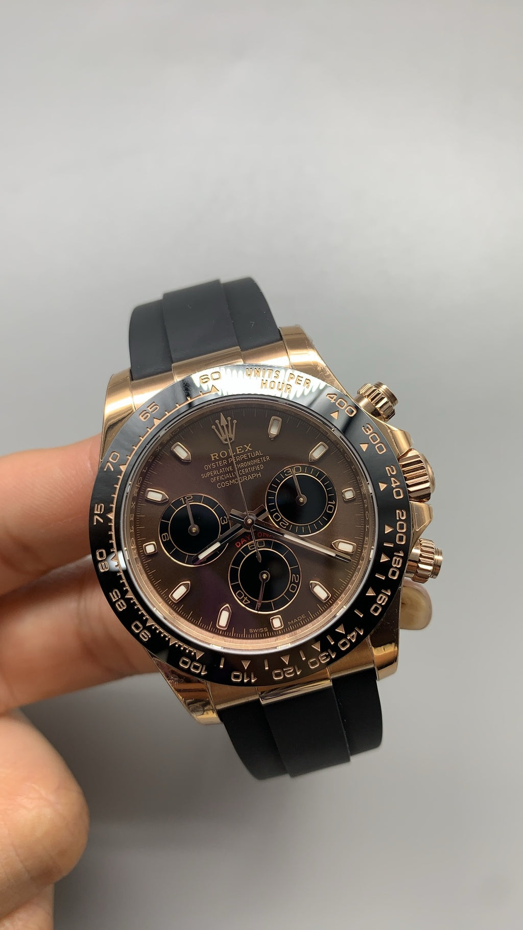 Rolex Daytona 40MM | หน้าปัดสีน้ำตาล | ตัวเรือนสแตนเลสเคลือบสีโรสโกลด์ PVD | สายยาง | กลไกอัตโนมัติ Cal.4130