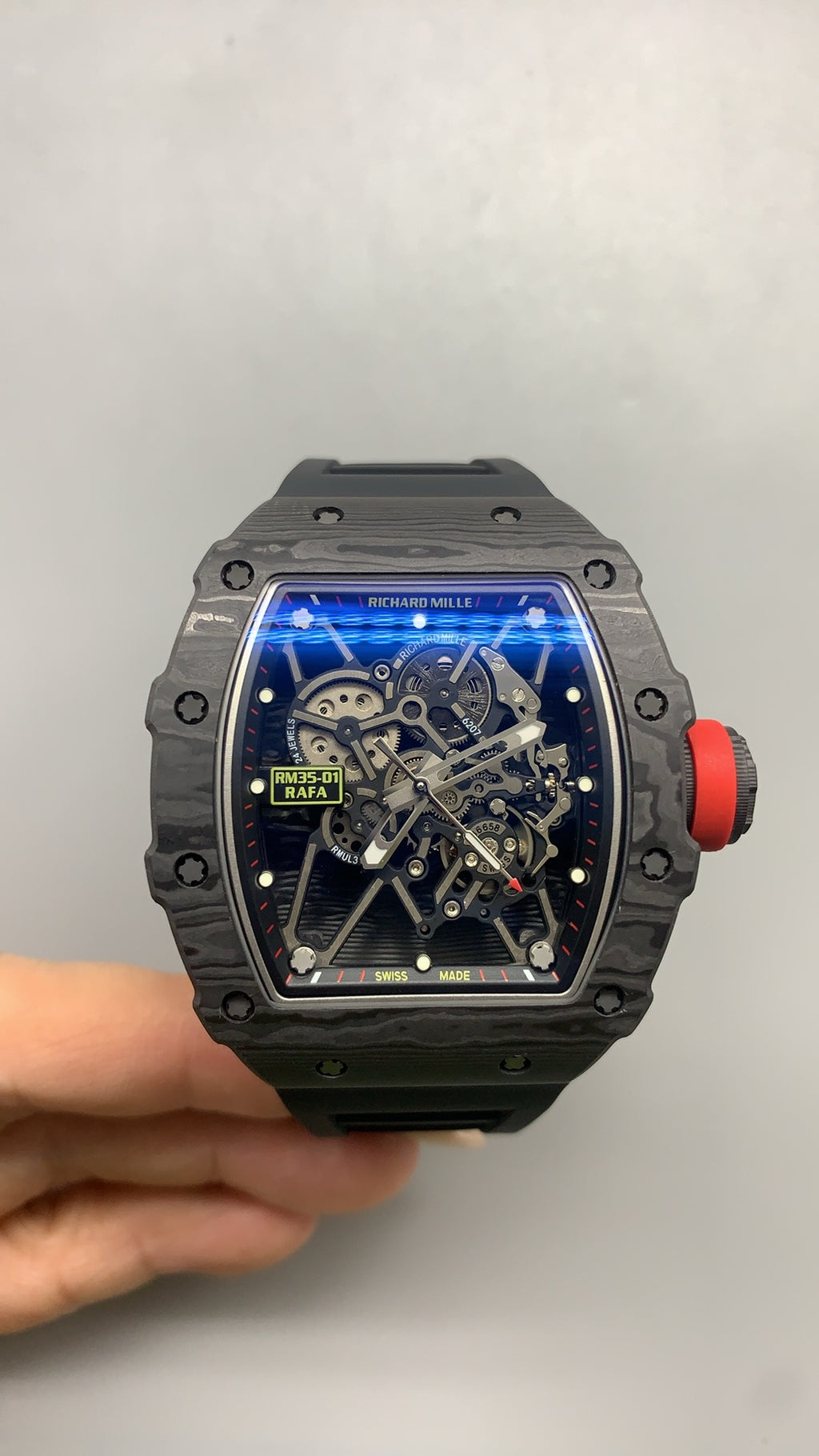 Richard Mille RM35-01 | 42MM | ตัวเรือนคาร์บอนไฟเบอร์ NTPT + โครงไทเทเนียม | หน้าปัดสเกเลตัน | กลไกไขลานมือ RMUL3