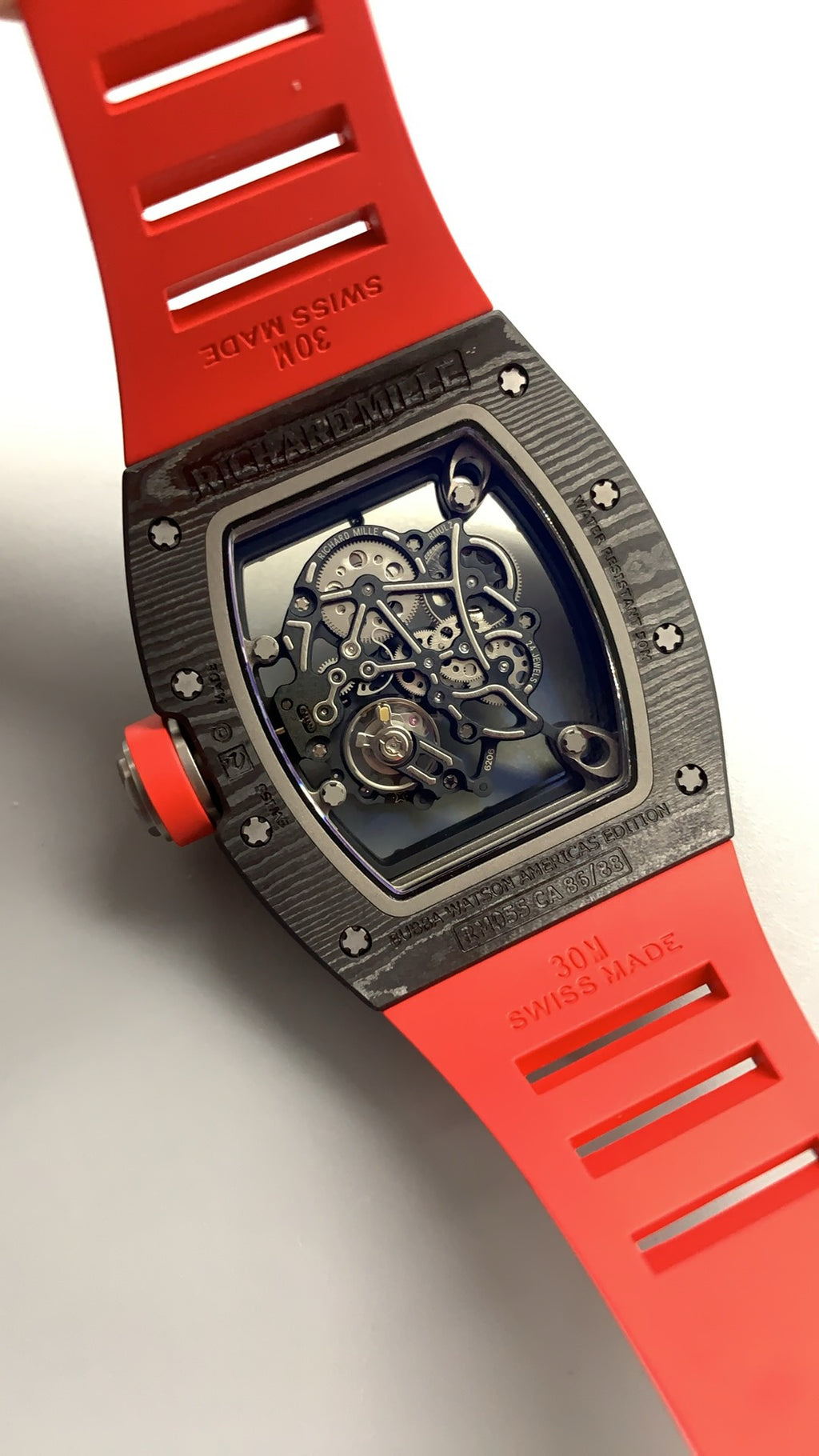 Richard Mille RM055 | 42MM | ตัวเรือนคาร์บอนไฟเบอร์ NTPT + โครงไทเทเนียม | หน้าปัดสเกเลตัน | กลไกไขลานมือ RMUL2