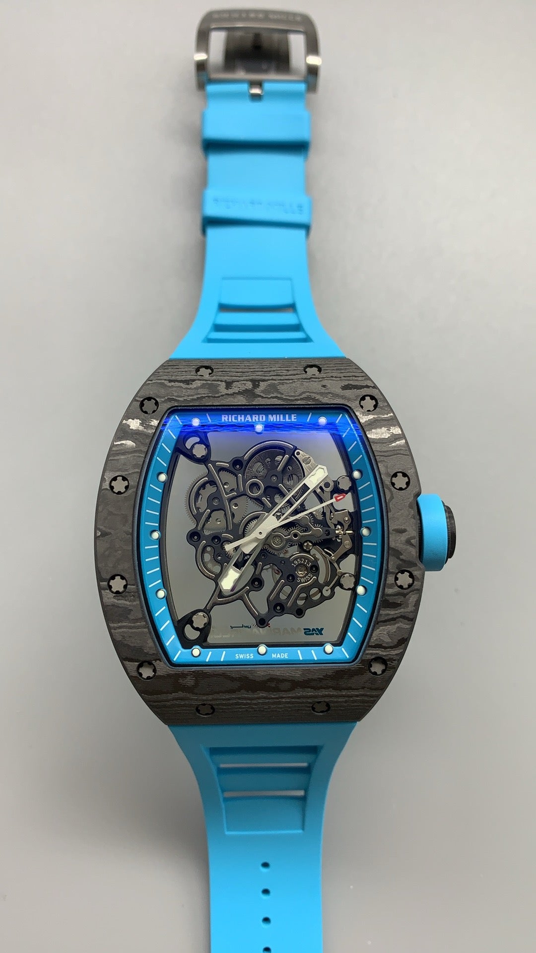 Richard Mille RM055 | 42MM | ตัวเรือนคาร์บอนไฟเบอร์ NTPT + โครงไทเทเนียม | หน้าปัดสเกเลตัน | กลไกไขลานมือ RMUL2