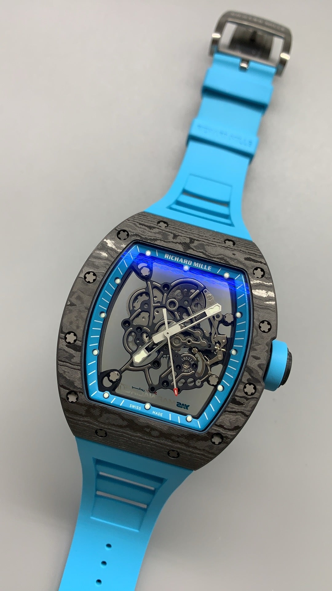 Richard Mille RM055 | 42MM | ตัวเรือนคาร์บอนไฟเบอร์ NTPT + โครงไทเทเนียม | หน้าปัดสเกเลตัน | กลไกไขลานมือ RMUL2