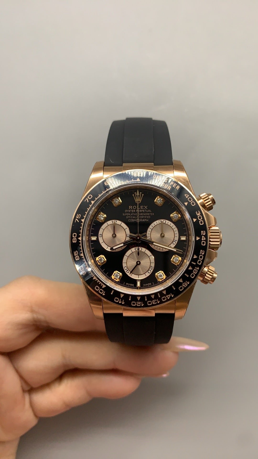 Rolex Daytona 40MM | หน้าปัดสีดำ ประดับเพชร | ตัวเรือนสแตนเลสเคลือบสีโรสโกลด์ PVD