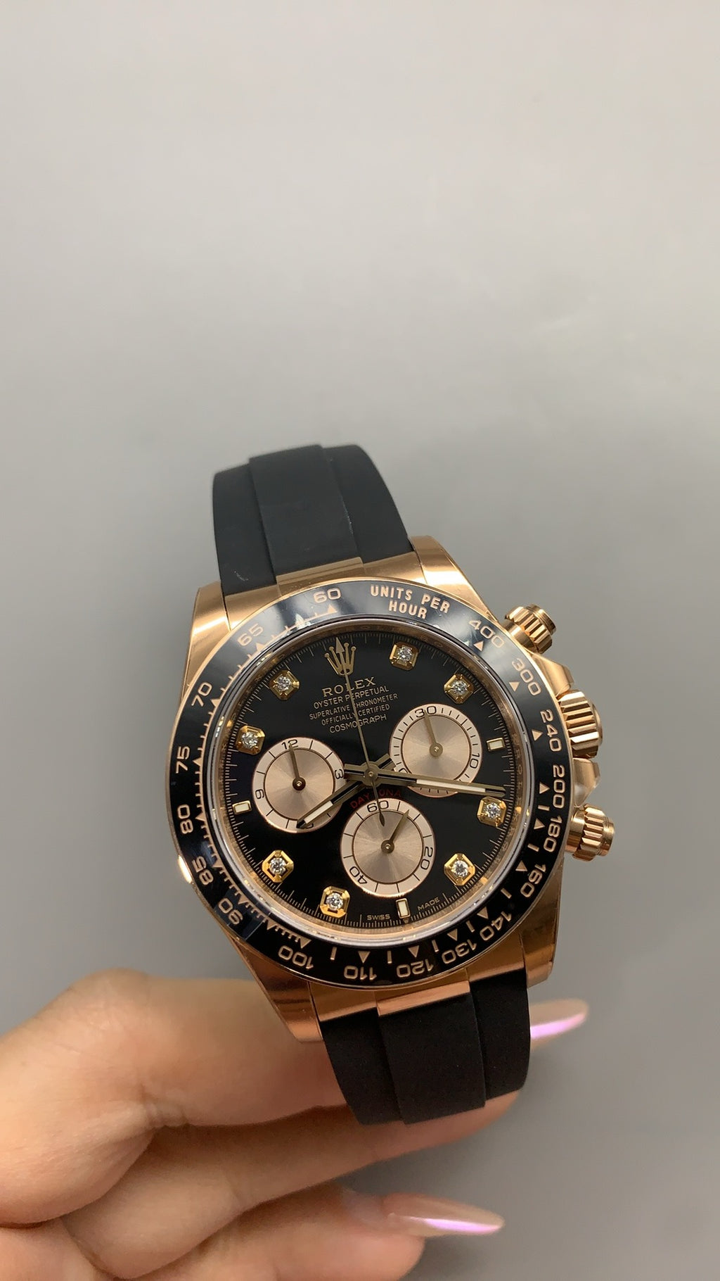 Rolex Daytona 40MM | หน้าปัดสีดำ ประดับเพชร | ตัวเรือนสแตนเลสเคลือบสีโรสโกลด์ PVD